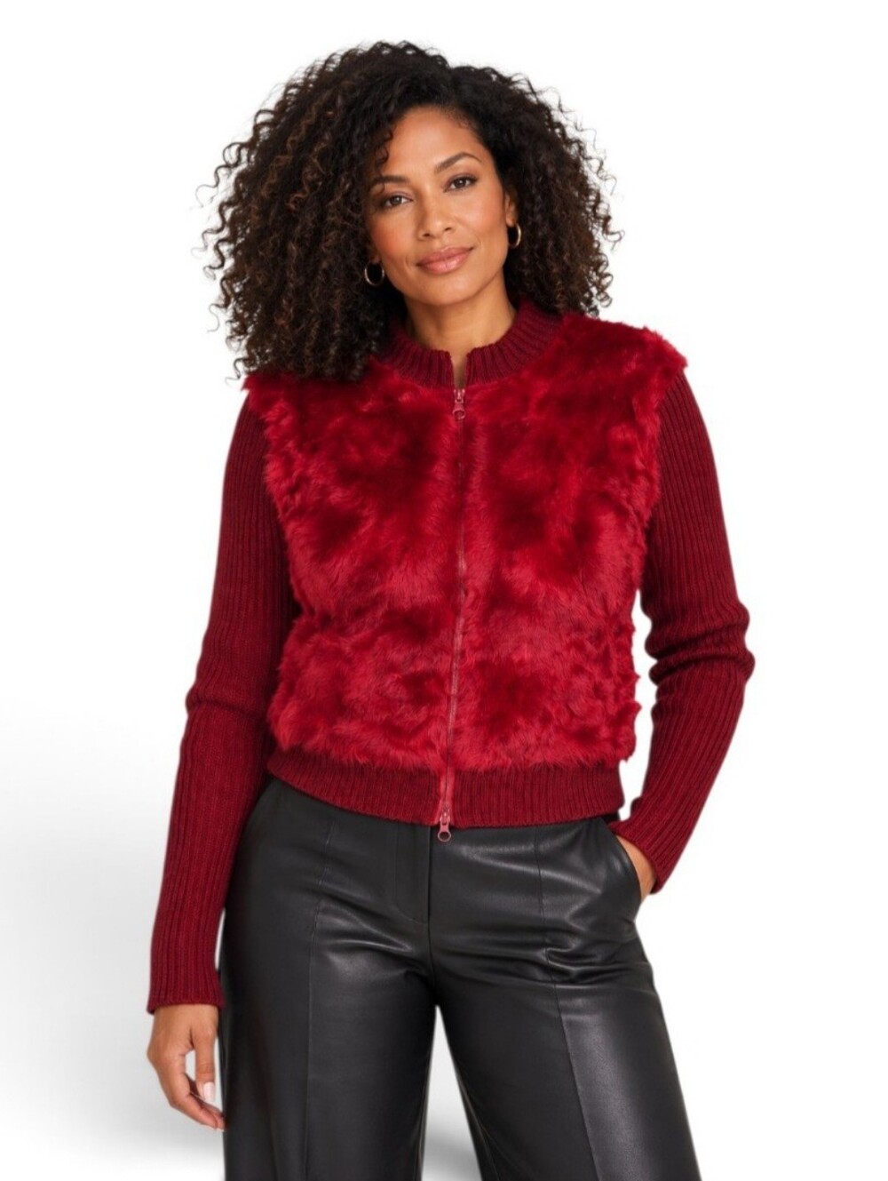 BCBGMAXAZRIA Genuine Goat Fur Wool Zip Jacket Cardigan Burgundy Red Medium